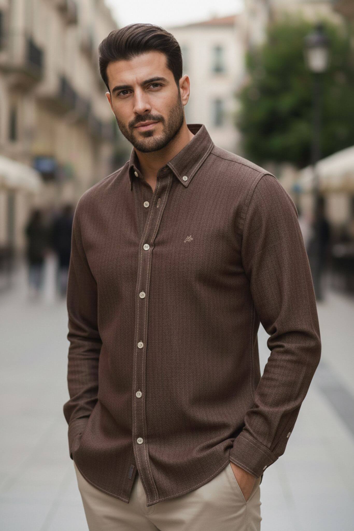 Men's Brown Cotton Denim Button - Down Shirt - SUITHARBOR
