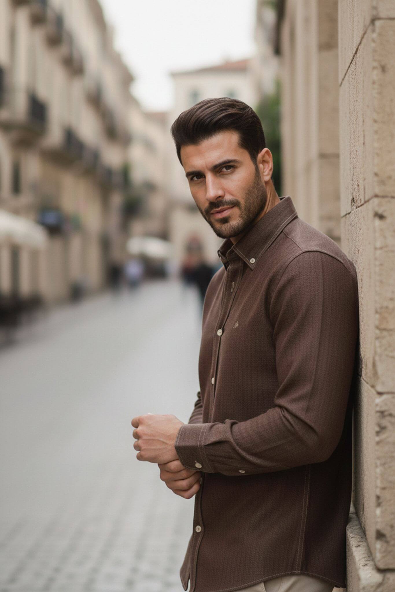 Men's Brown Cotton Denim Button - Down Shirt - SUITHARBOR