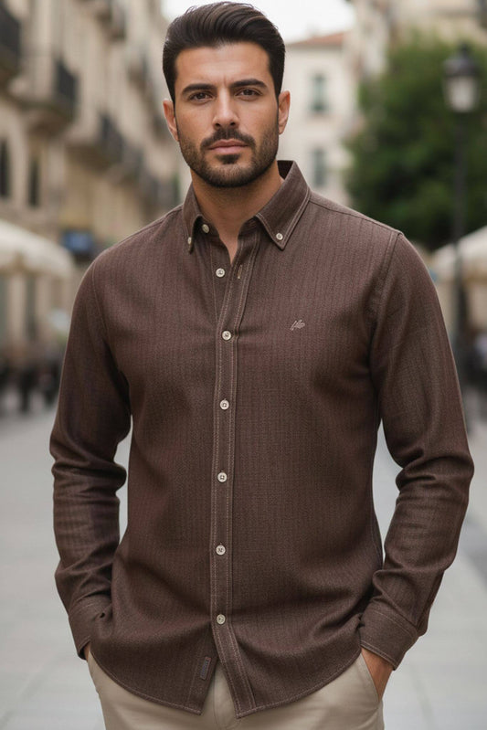 Men's Brown Cotton Denim Button - Down Shirt - SUITHARBOR