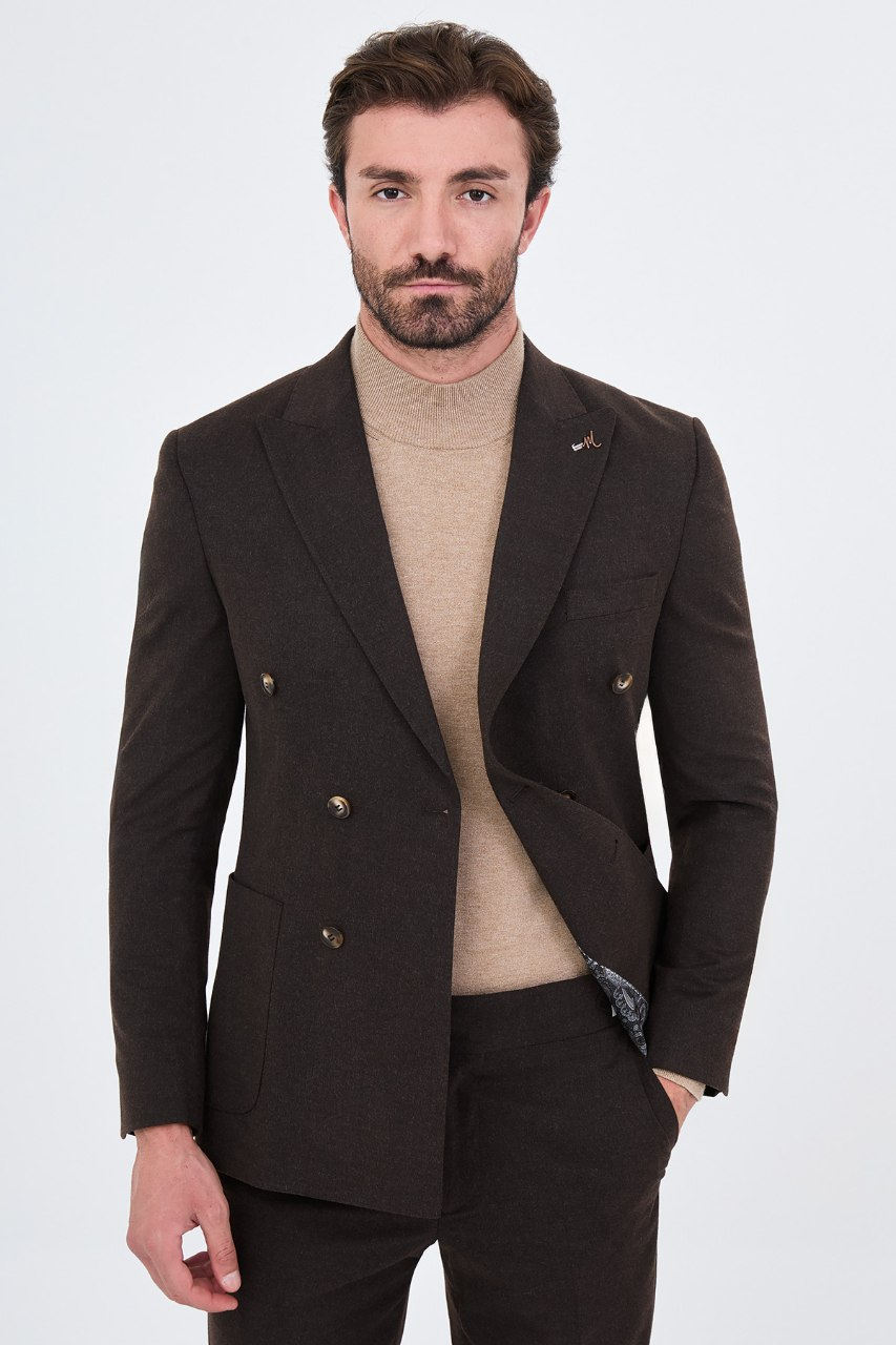 Men's dark brown double-breasted two-piece suit front view