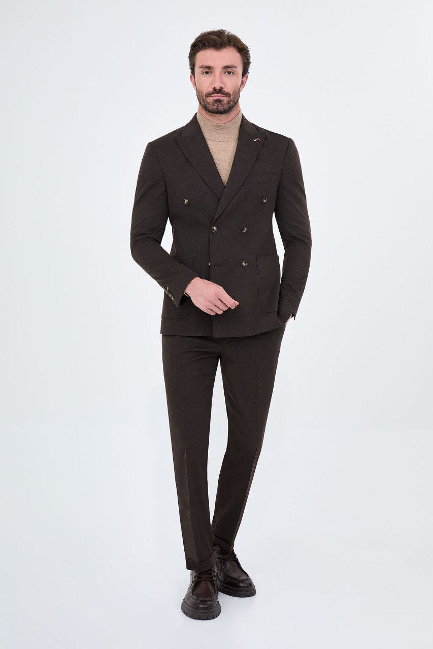 Men's dark brown double-breasted two-piece suit full-length look