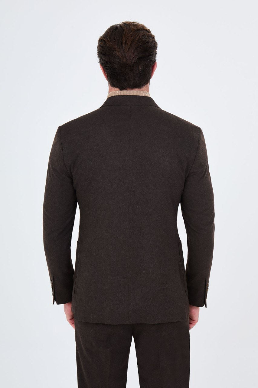 Men's dark brown double-breasted two-piece suit rear view