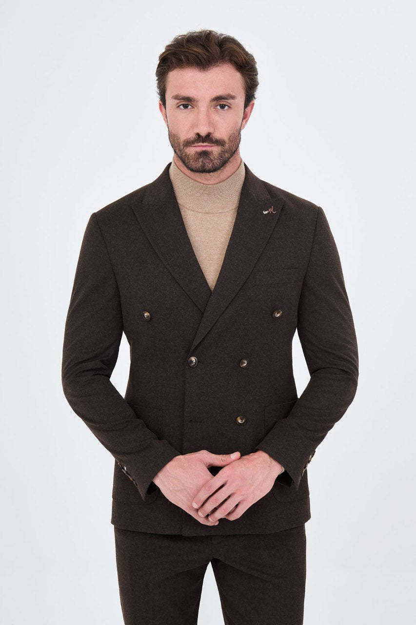 Men's dark brown double-breasted two-piece suit jacket styling