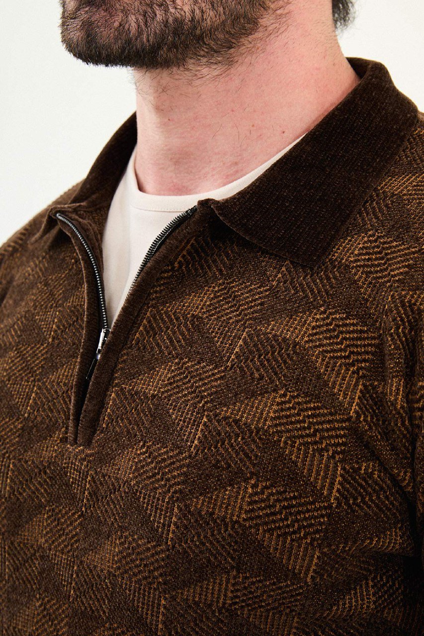 Men’s Brown Geometric Half - Zip Knitwear Sweater - SUITHARBOR