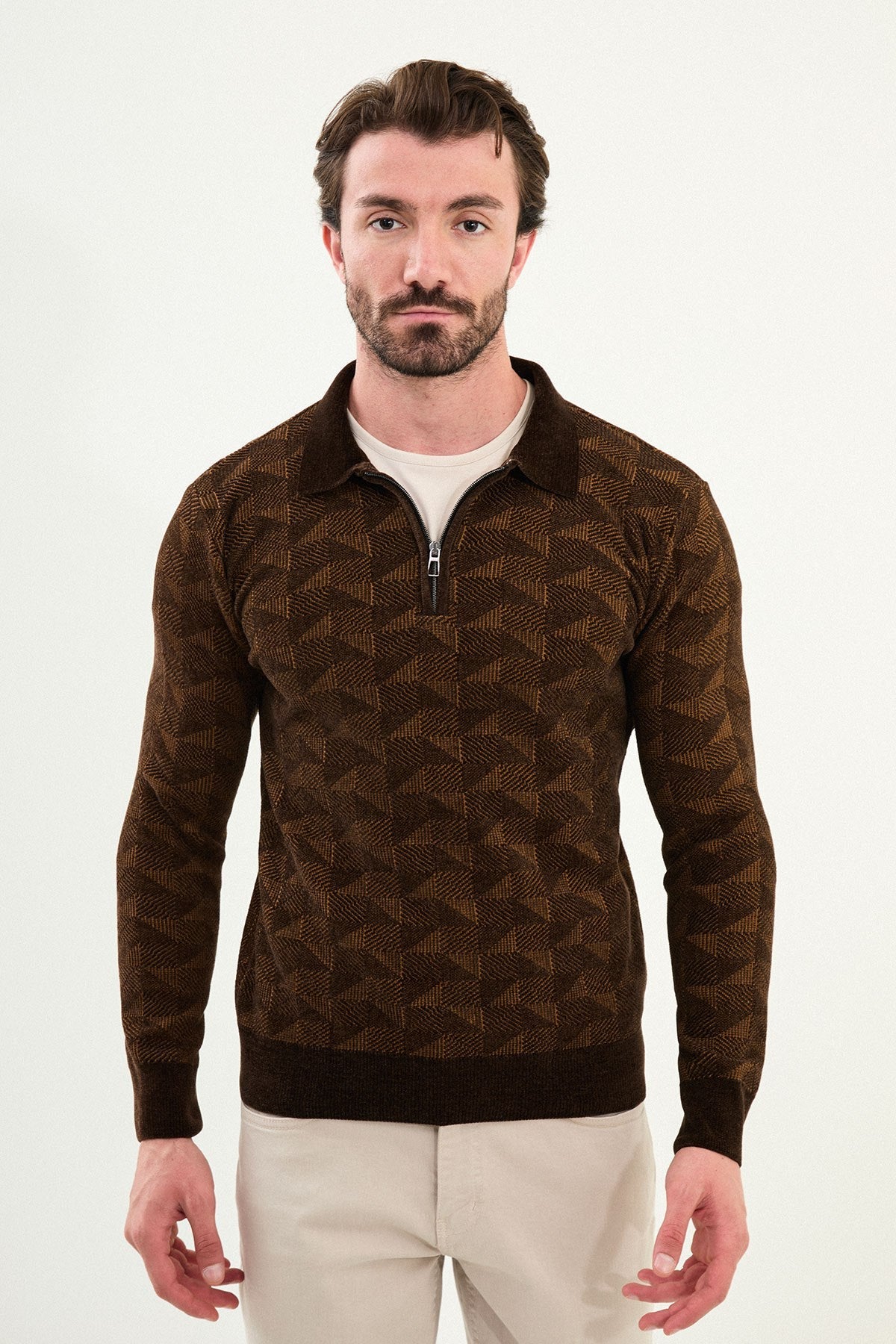 Men’s Brown Geometric Half - Zip Knitwear Sweater - SUITHARBOR