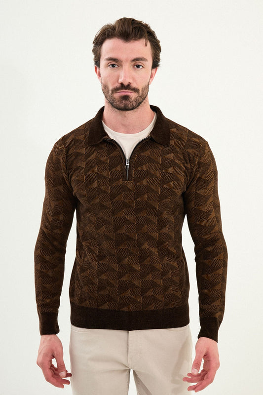 Men’s Brown Geometric Half - Zip Knitwear Sweater - SUITHARBOR