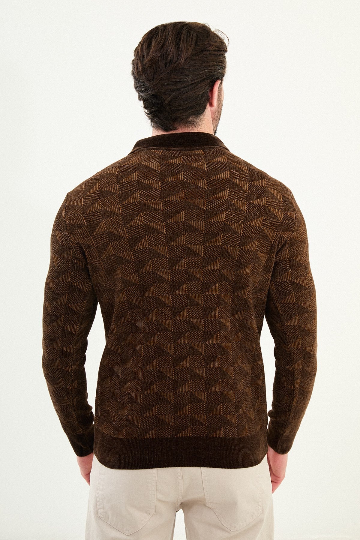 Men’s Brown Geometric Half - Zip Knitwear Sweater - SUITHARBOR