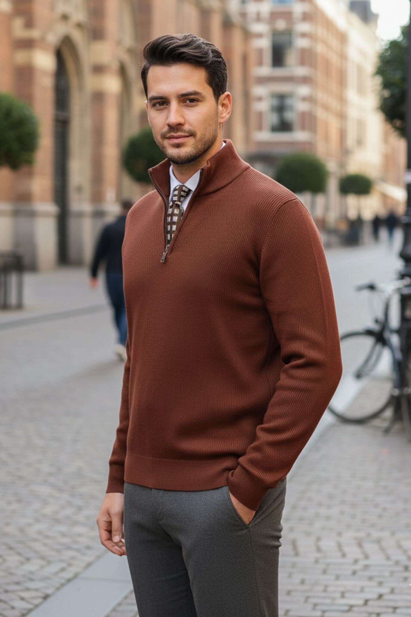 Men's Brown Half - Zip Sweater - SUITHARBOR