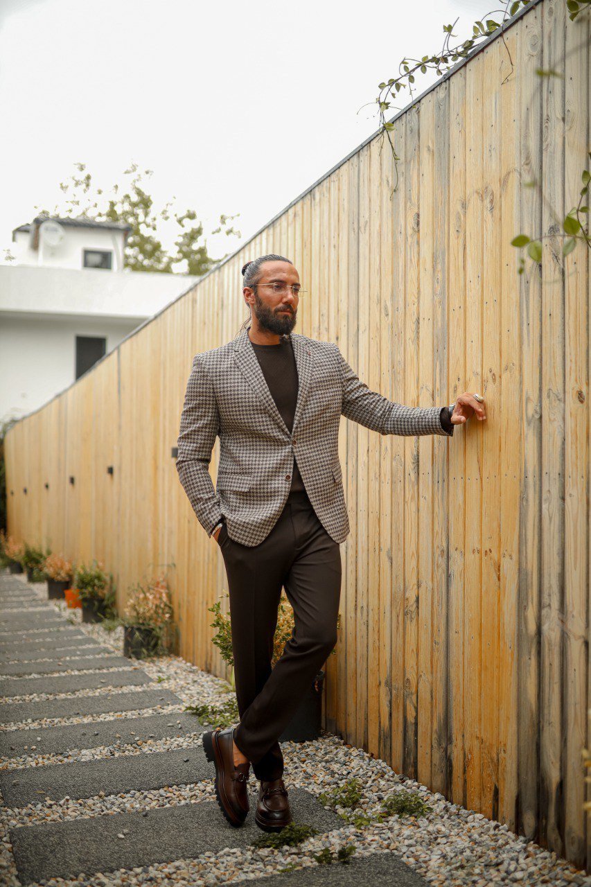 Men’s Brown Houndstooth Slim Fit Suit - SUITHARBOR
