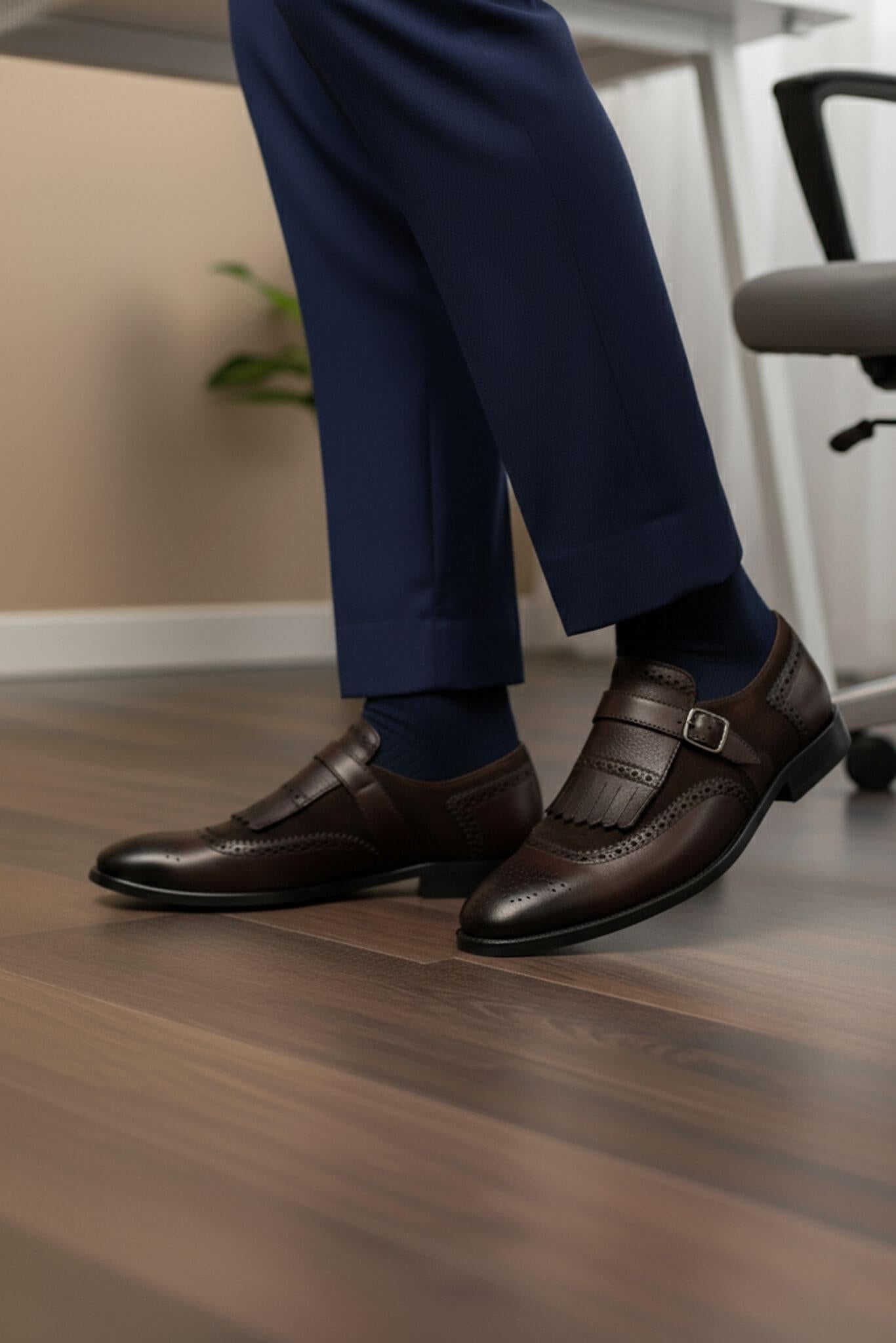 Men's Brown Kiltie Single Monk Strap Shoes | Brogue Calfskin - SUITHARBOR