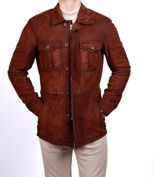 Men's Brown Lambskin Suede Field Jacket - SUITHARBOR
