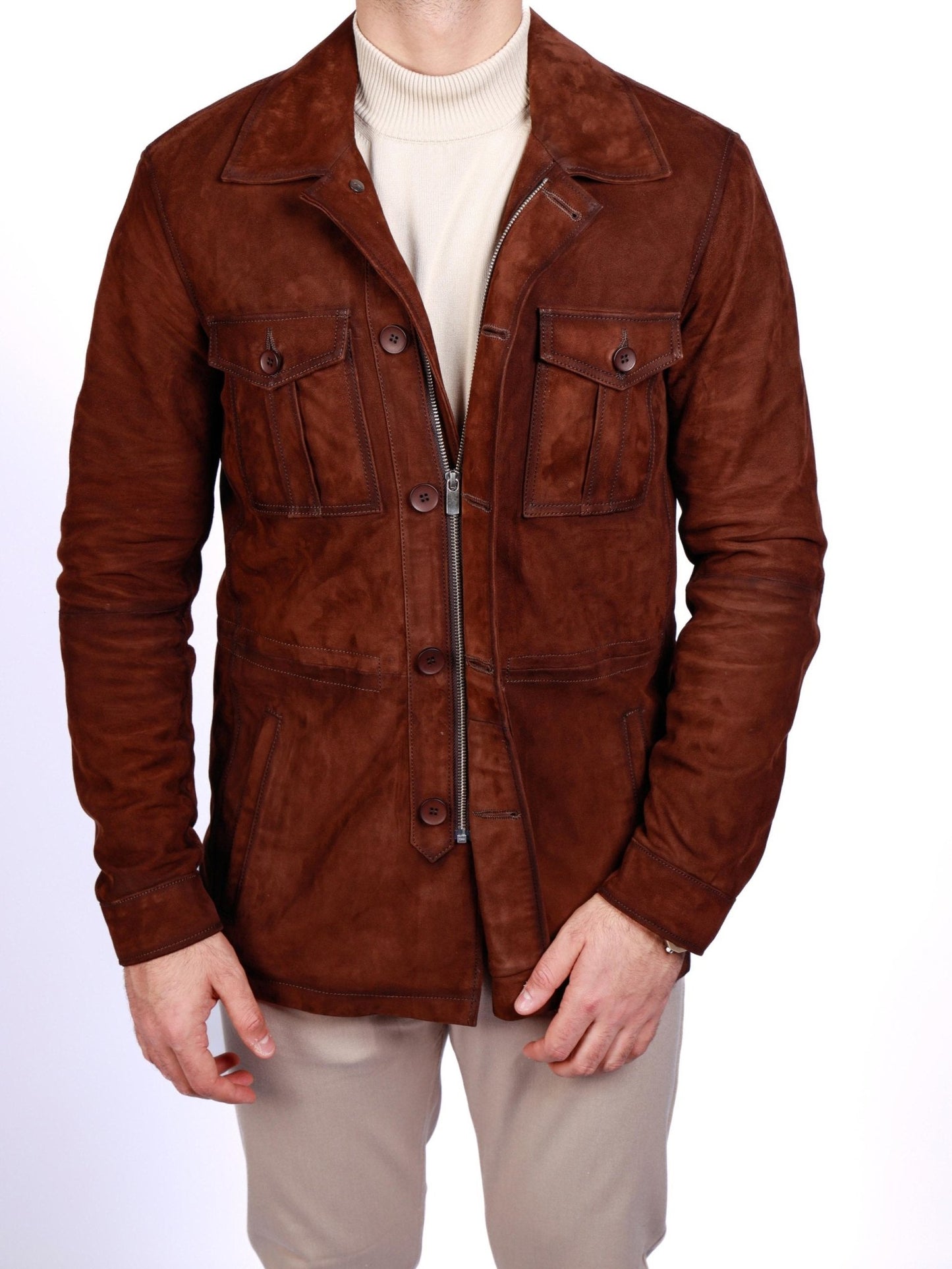 Men's Brown Lambskin Suede Field Jacket - SUITHARBOR