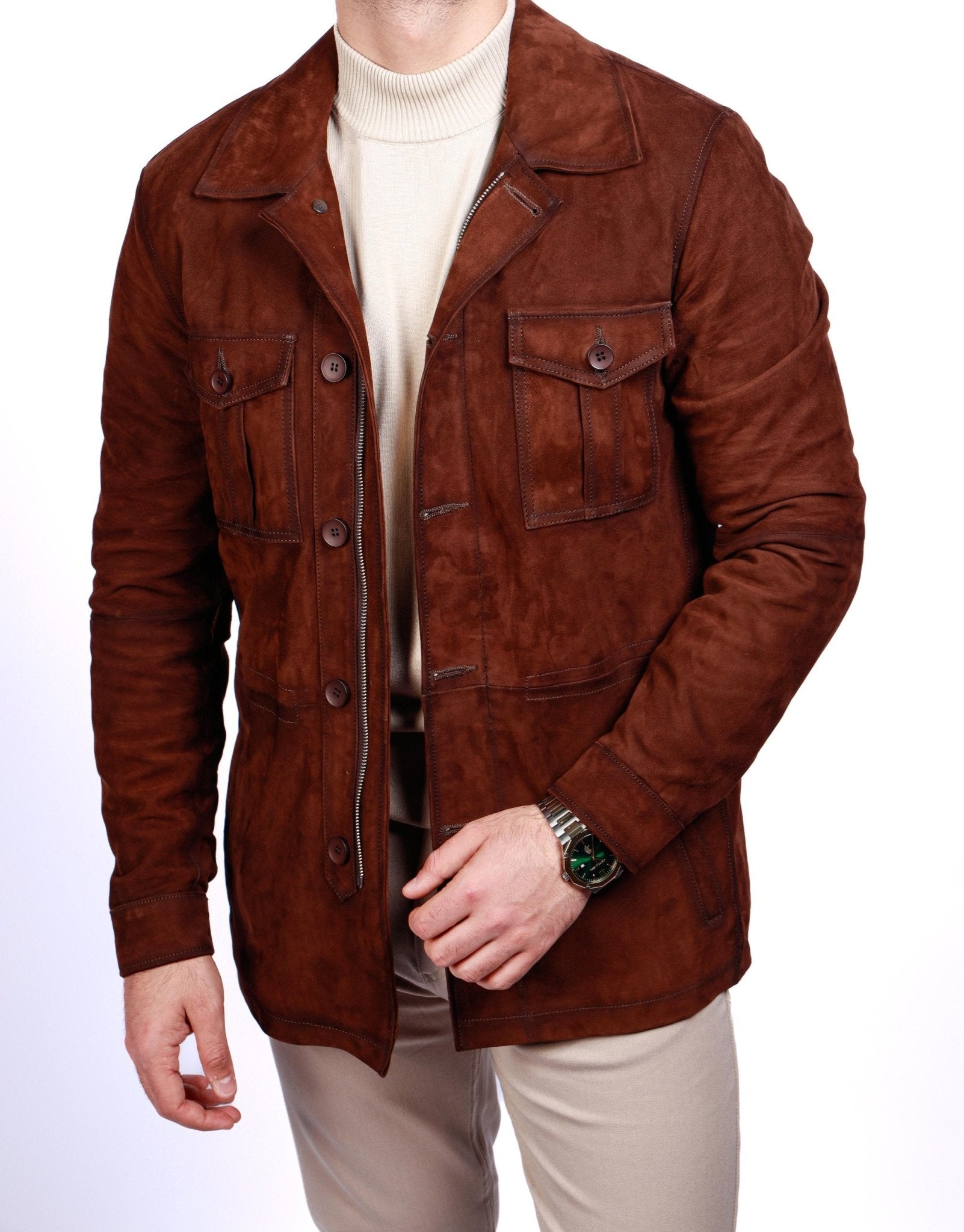 Men's Brown Lambskin Suede Field Jacket - SUITHARBOR
