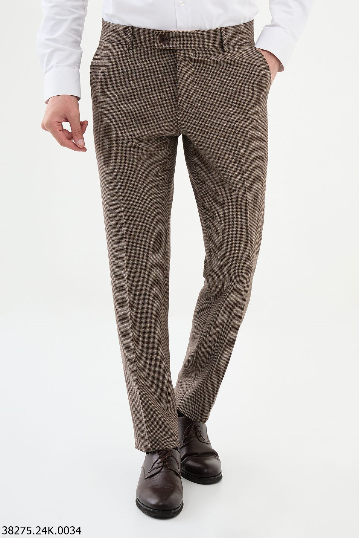 Men’s Brown Micro Check Slim Fit Trousers - SUITHARBOR