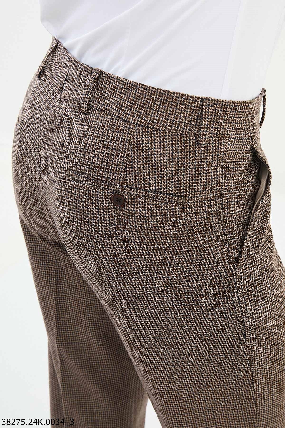 Men’s Brown Micro Check Slim Fit Trousers - SUITHARBOR
