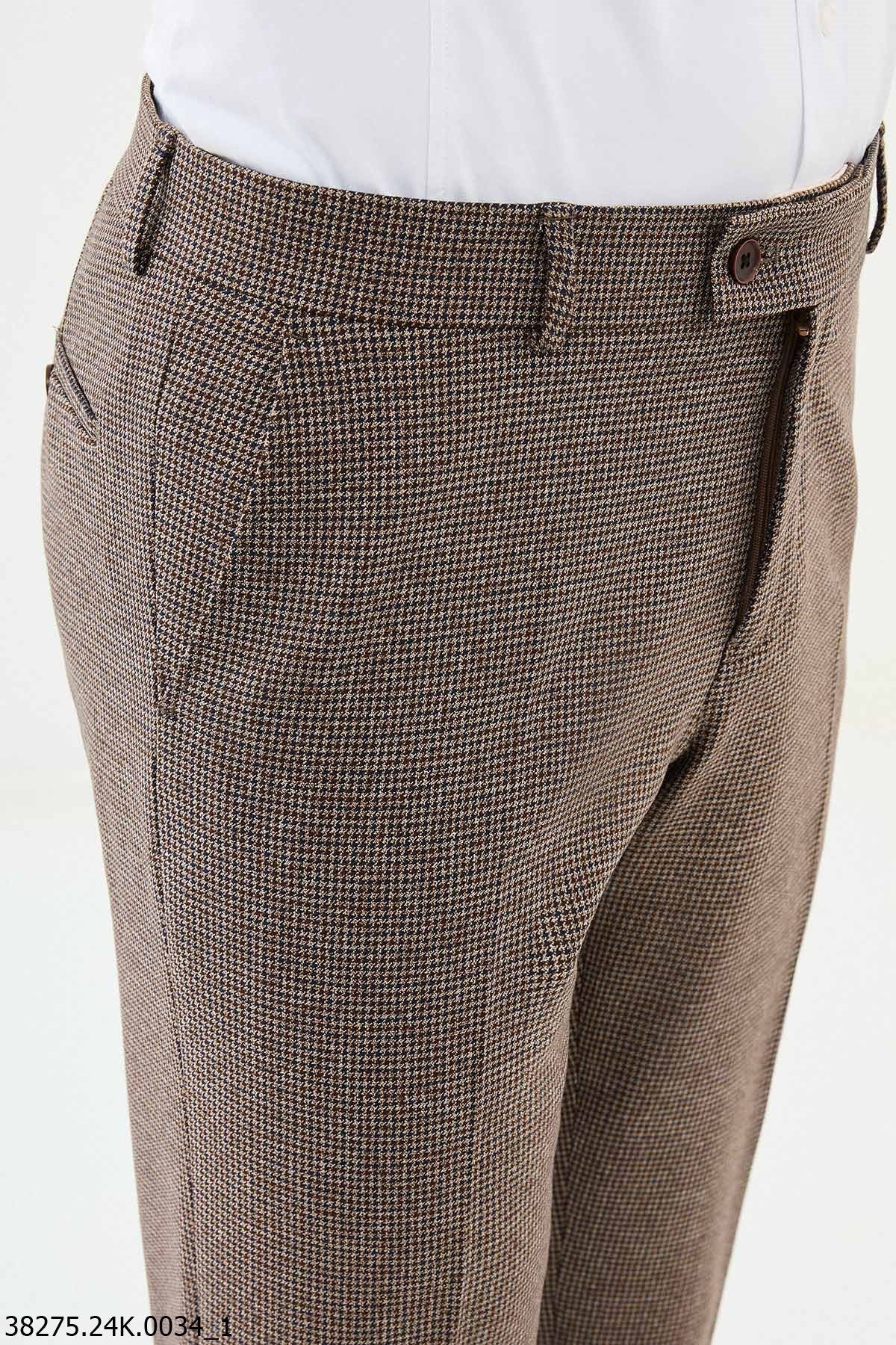 Men’s Brown Micro Check Slim Fit Trousers - SUITHARBOR