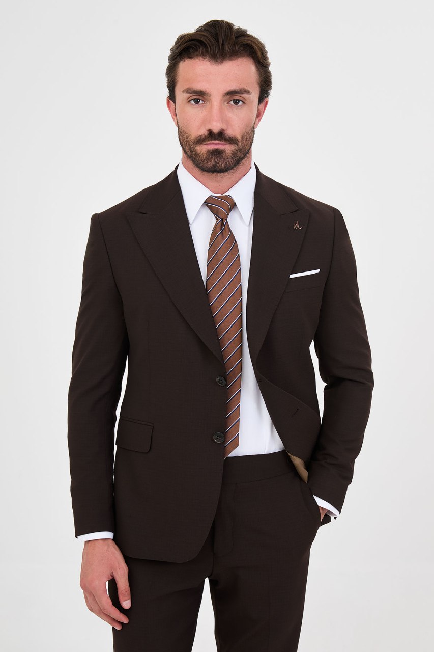 Men's dark brown slim-fit two-piece suit front styling