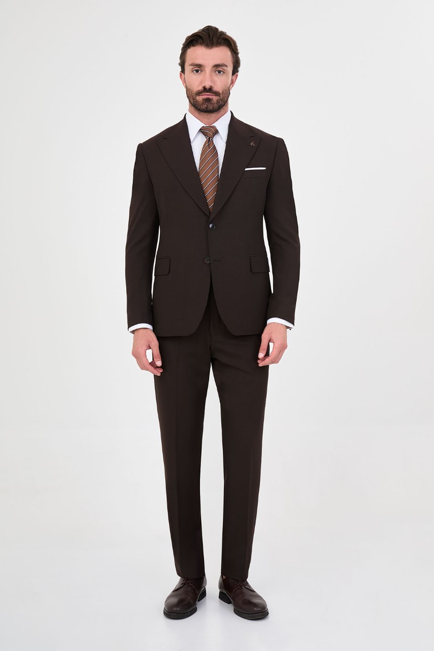 Men's dark brown slim-fit two-piece suit full-length view