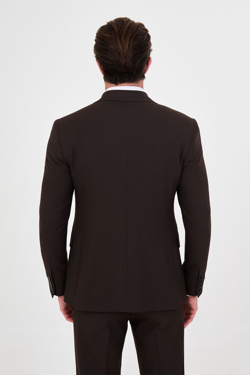 Men's dark brown slim-fit two-piece suit back view