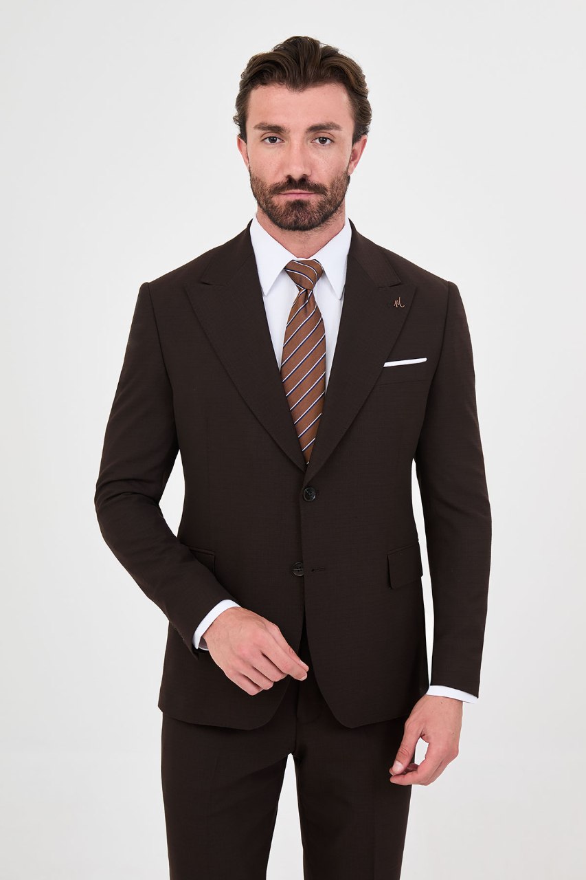 Men's dark brown slim-fit two-piece suit jacket front detail