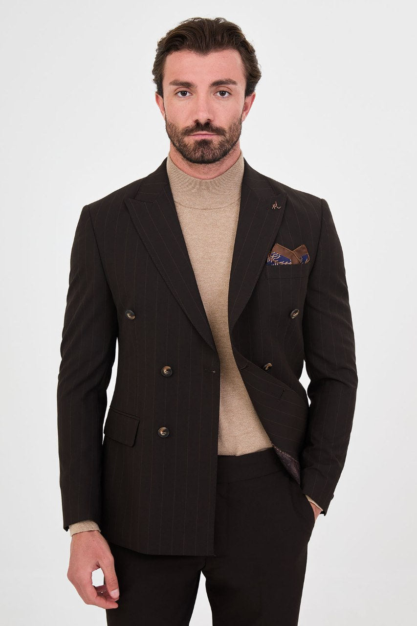 Men's dark brown pinstripe double-breasted suit jacket front view