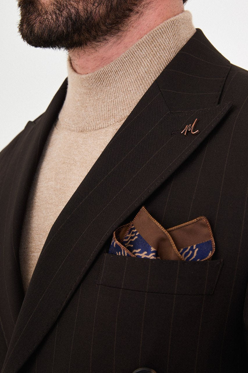 Men's dark brown pinstripe double-breasted suit full-length outfit