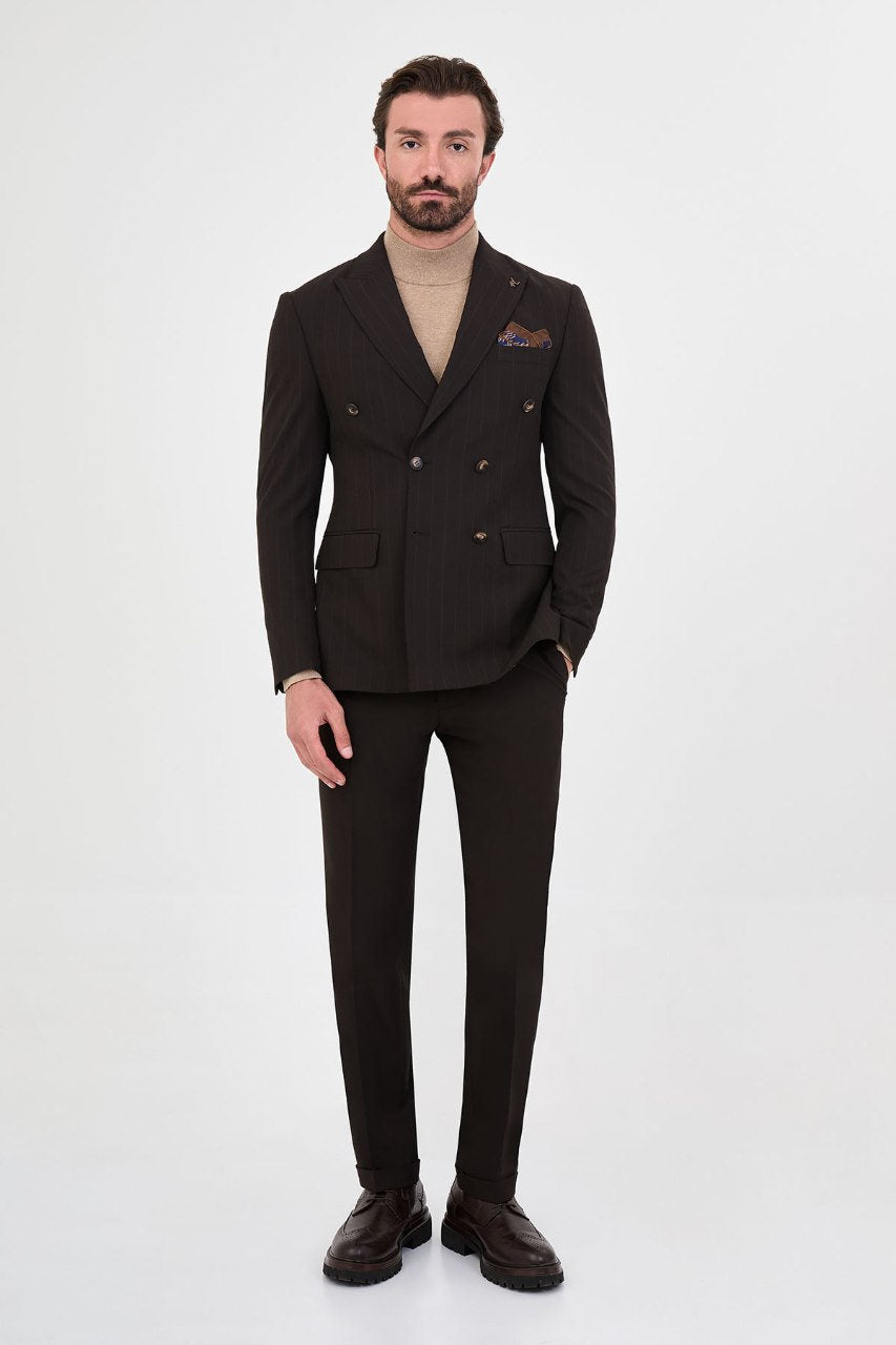 Men's dark brown pinstripe double-breasted suit back view