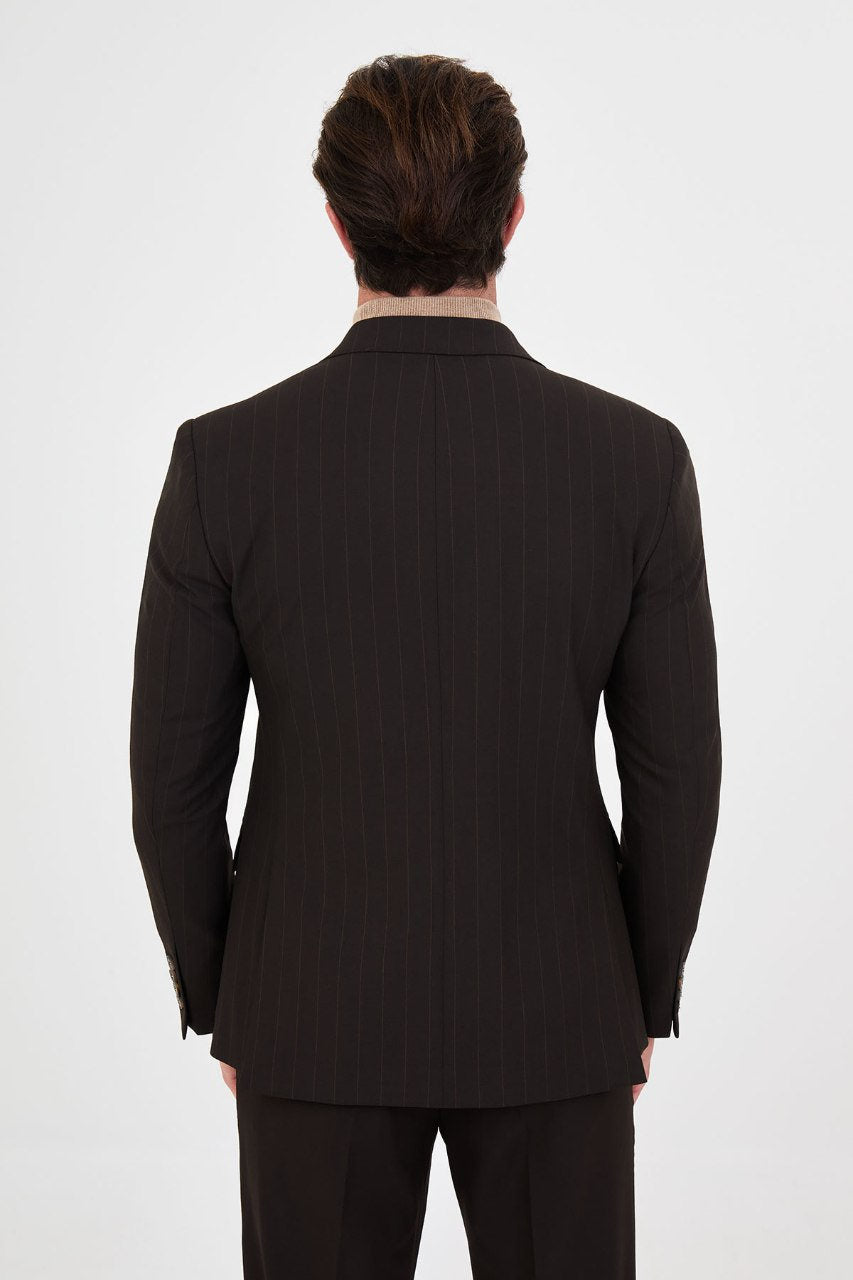 Men's dark brown pinstripe double-breasted suit front styling view