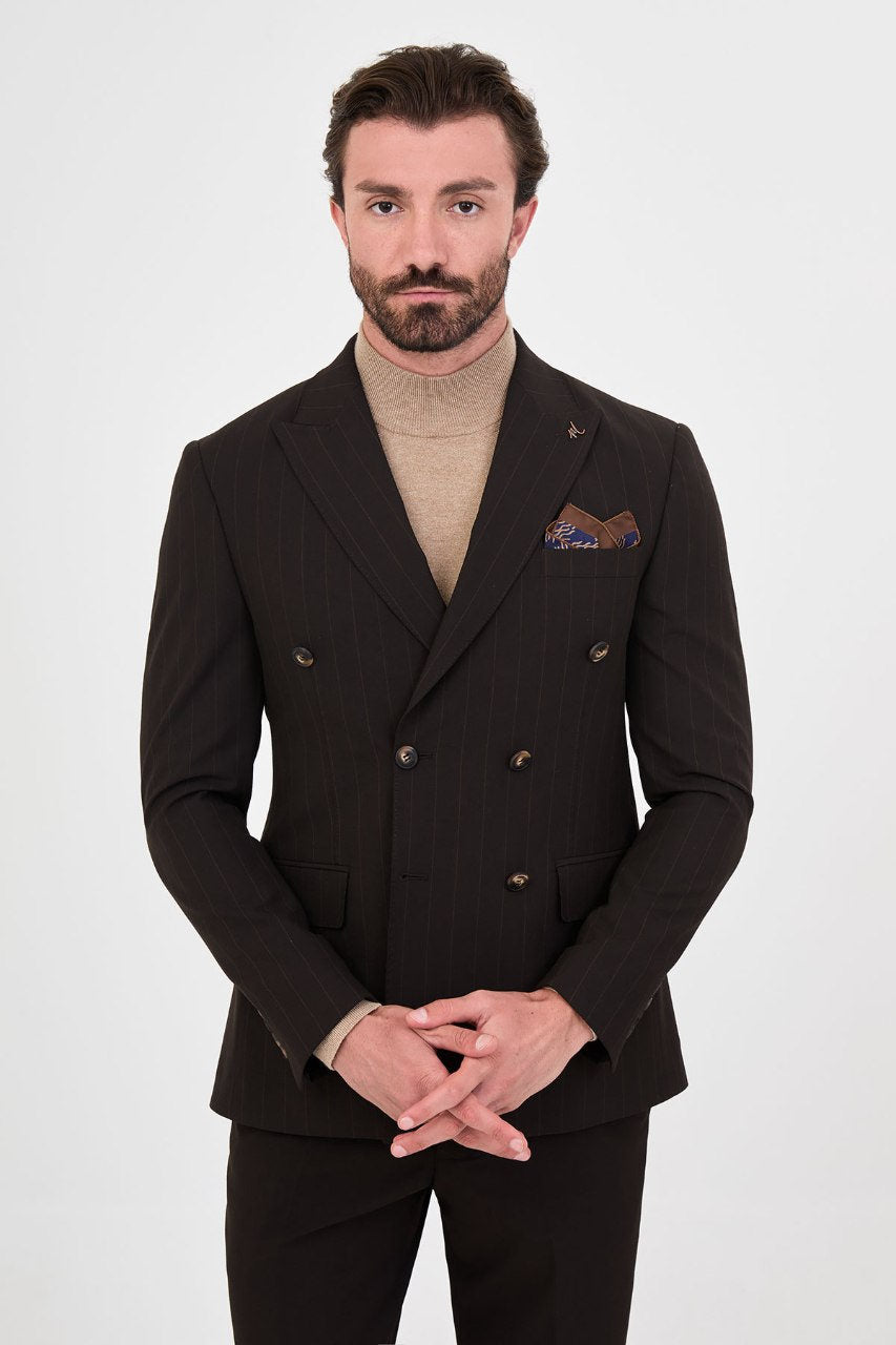 Men's dark brown pinstripe double-breasted suit lapel and pinstripe detail