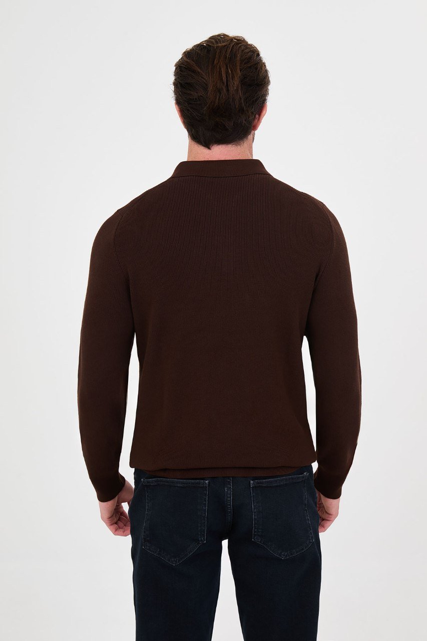 Back view of the men's brown ribbed quarter-zip polo sweater