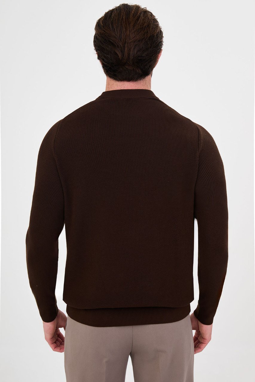 Back view of the men's brown ribbed raglan crew neck sweater