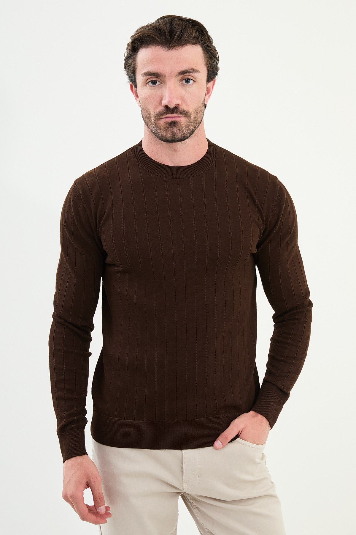 Men’s Brown Ribbed Slim Fit Knitwear Mockup Sweater - SUITHARBOR