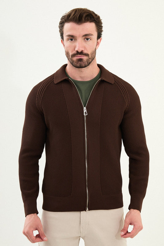 Men’s Brown Ribbed Slim Fit Zip - Up Knitwear Cardigan Sweater - SUITHARBOR