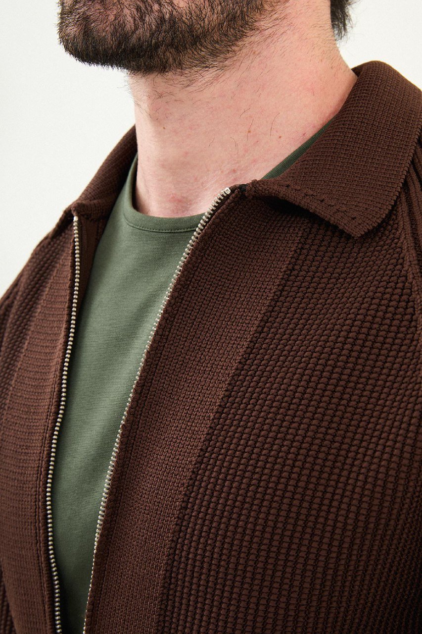 Men’s Brown Ribbed Slim Fit Zip - Up Knitwear Cardigan Sweater - SUITHARBOR