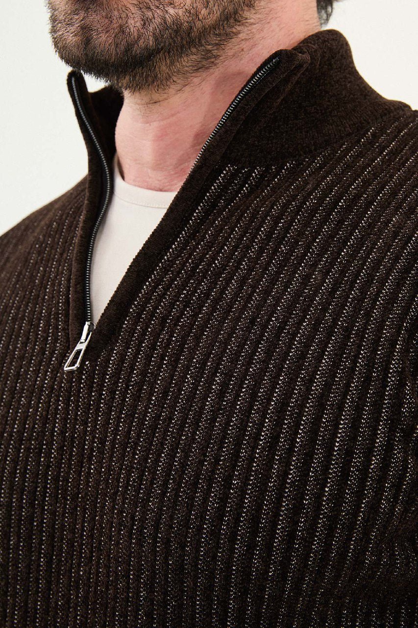 Men’s Brown Ribbed Stripe Half - Zip Knitwear Sweater - SUITHARBOR