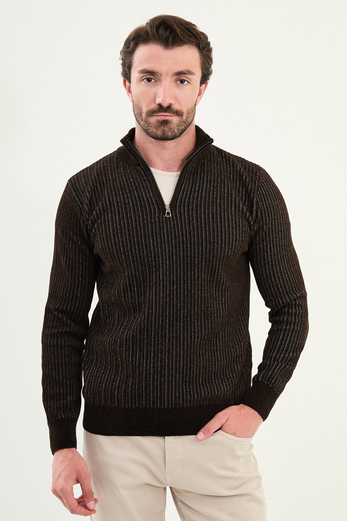 Men’s Brown Ribbed Stripe Half - Zip Knitwear Sweater - SUITHARBOR
