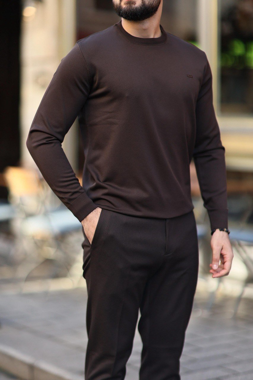 Men’s Brown Slim Fit Crew Neck Knitwear Sweater - SUITHARBOR