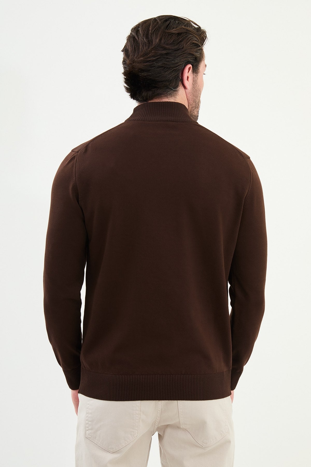 Men’s Brown Slim Fit Mock Neck Knitwear Sweater - SUITHARBOR