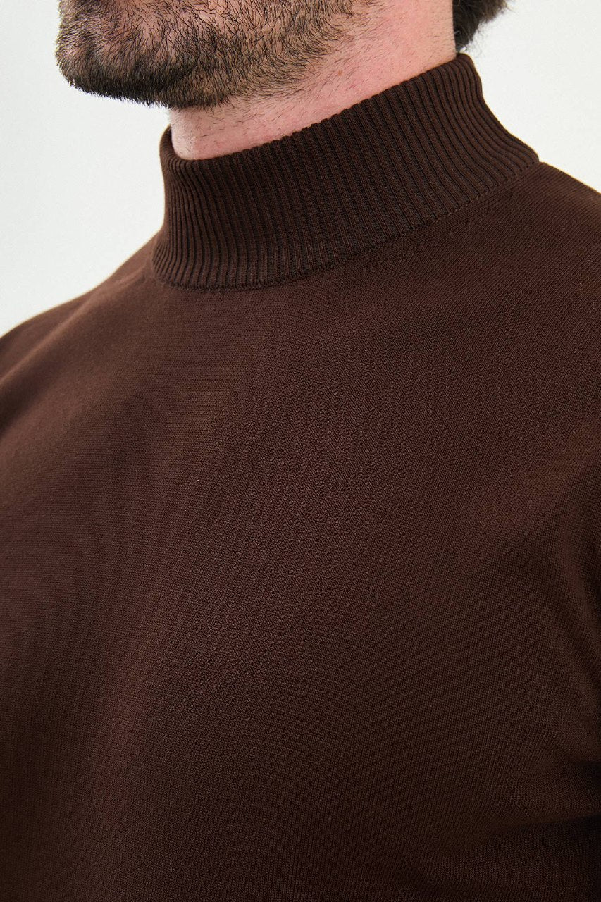 Men’s Brown Slim Fit Mock Neck Knitwear Sweater - SUITHARBOR