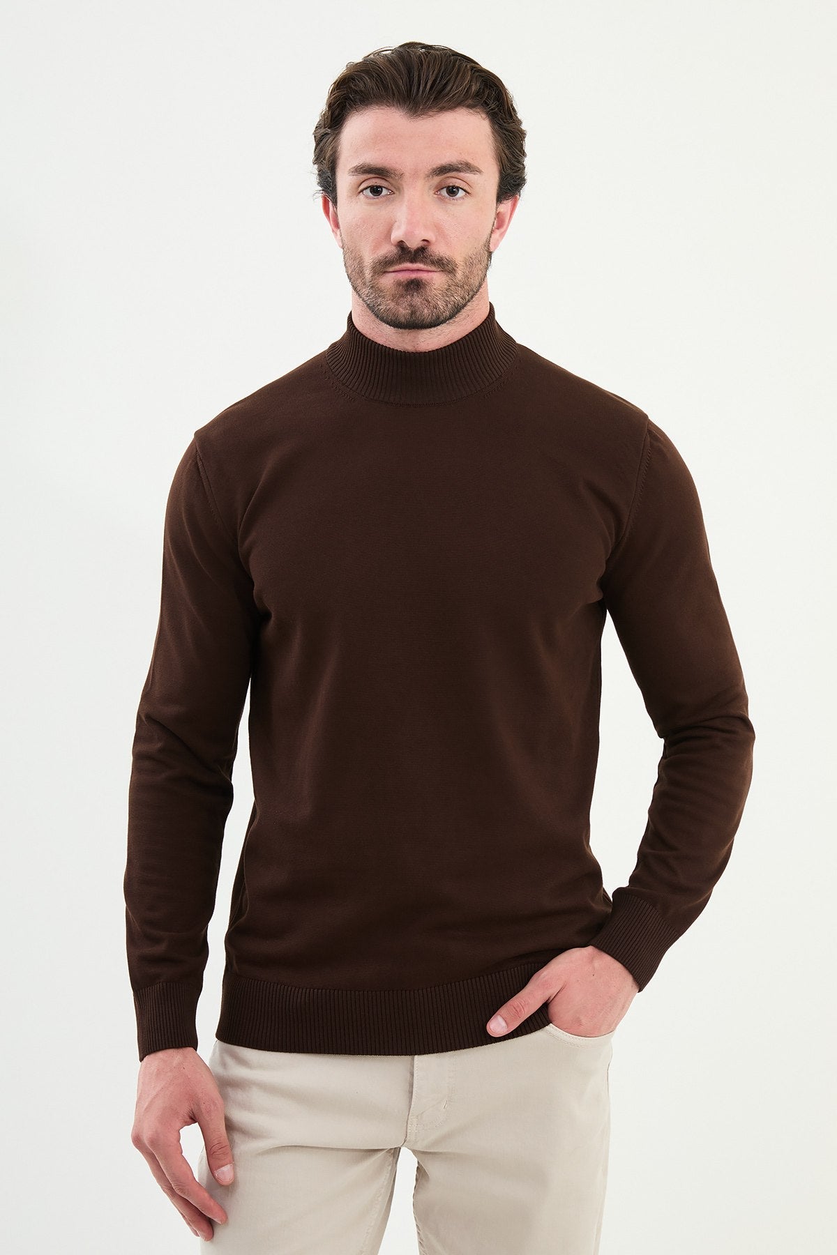 Men’s Brown Slim Fit Mock Neck Knitwear Sweater - SUITHARBOR