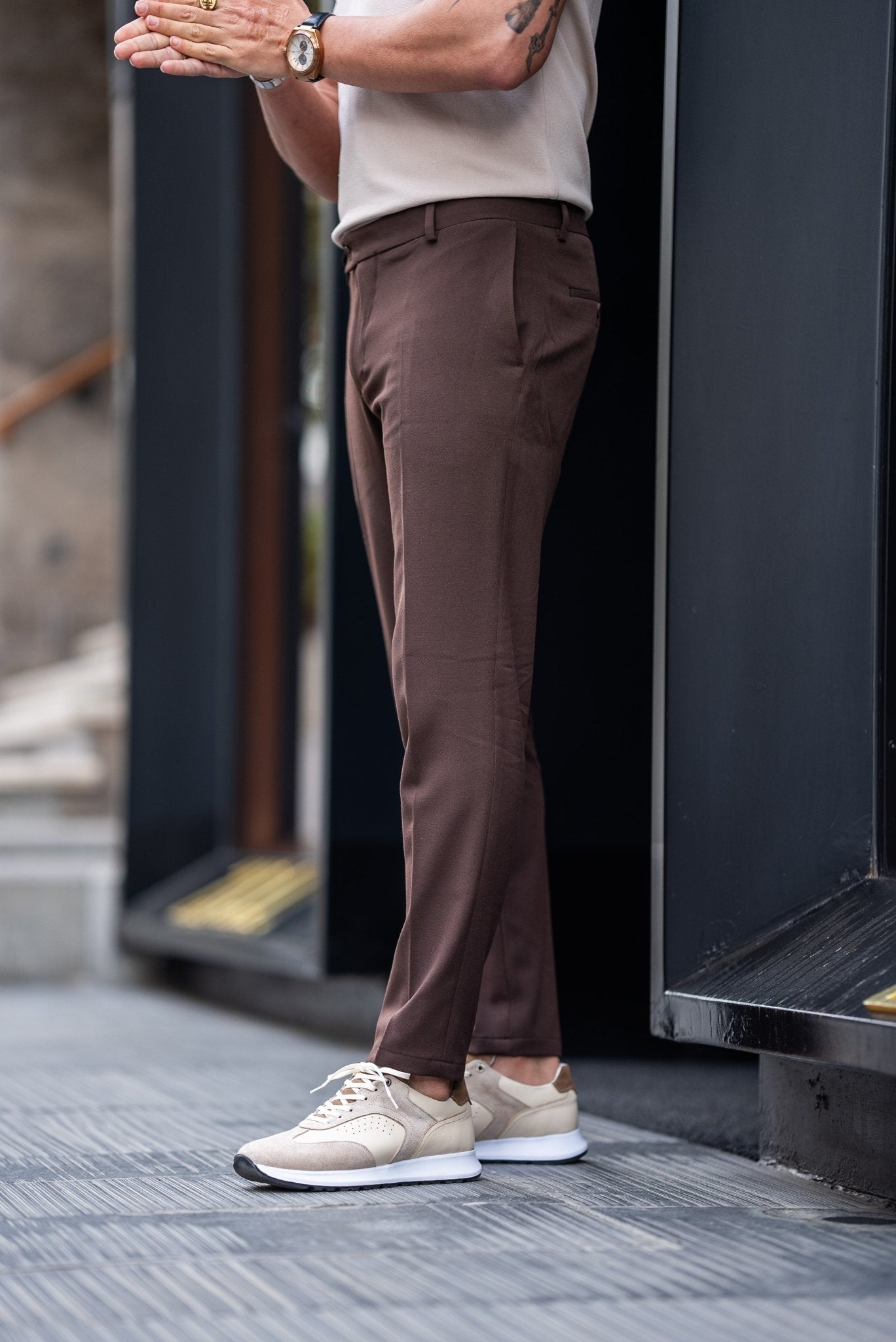 Men’s Brown Slim Fit Stretch Lycra Casual Trousers - SUITHARBOR