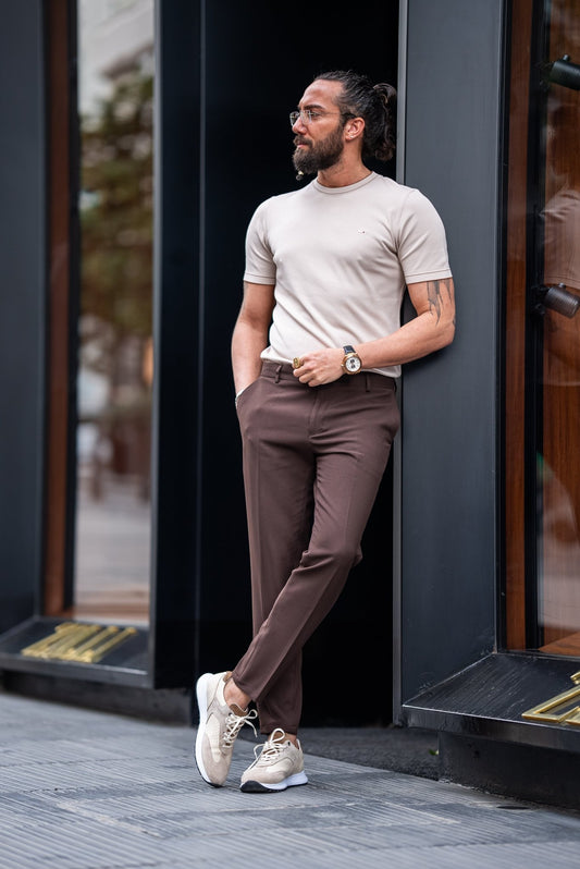 Men’s Brown Slim Fit Stretch Lycra Casual Trousers - SUITHARBOR