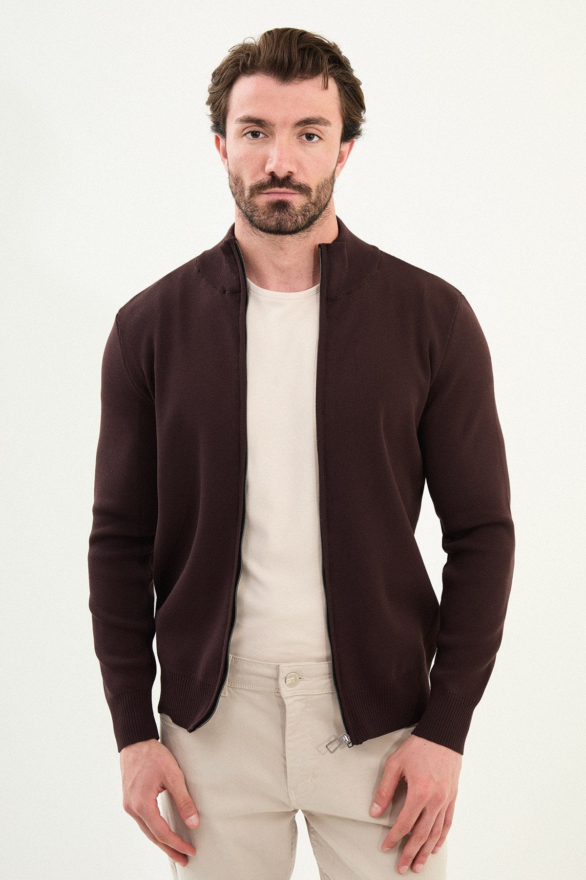 Men’s Brown Slim Fit Zip - Up Knitwear Cardigan Sweater - SUITHARBOR