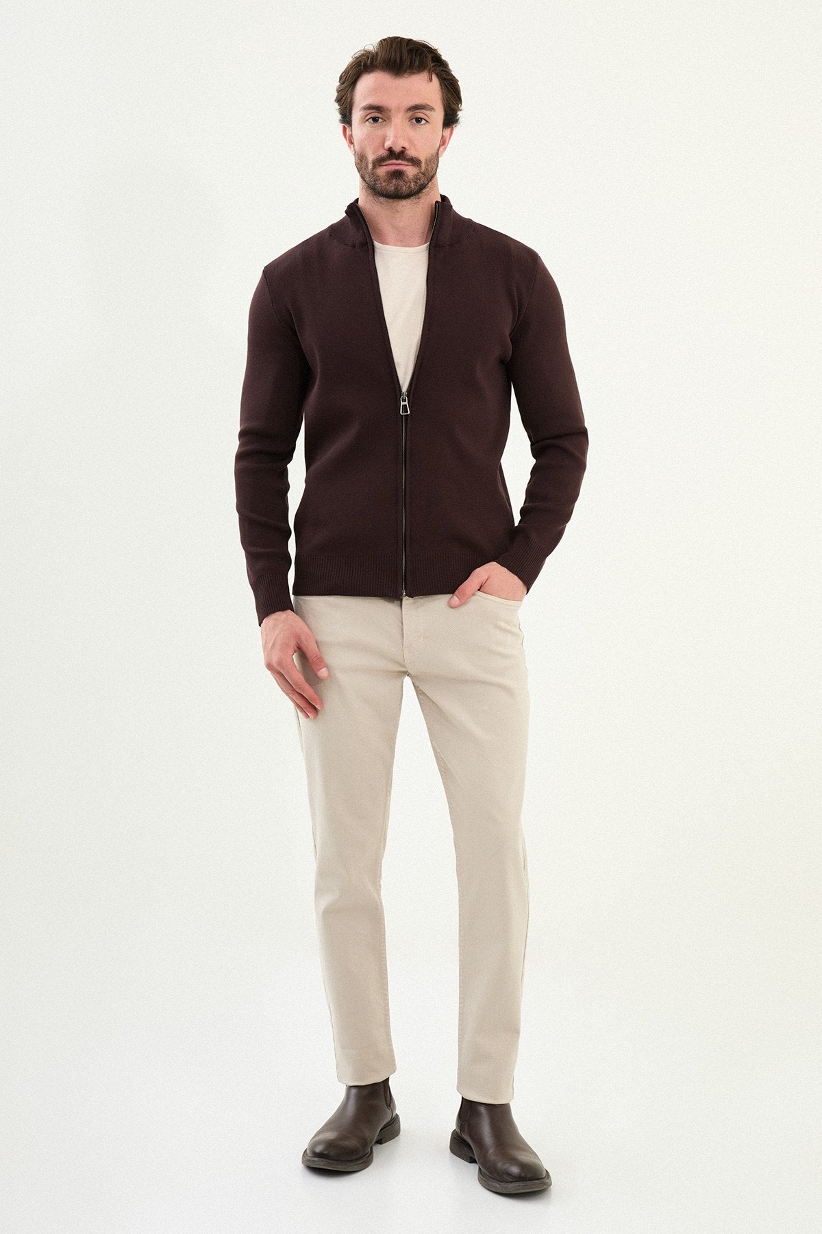 Men’s Brown Stand Collar Zip Knit Jacket - SUITHARBOR