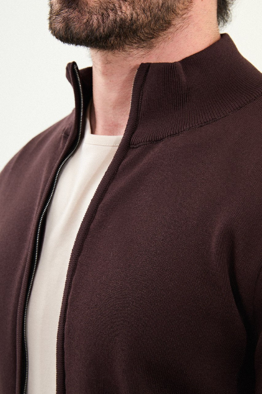 Men’s Brown Stand Collar Zip Knit Jacket - SUITHARBOR