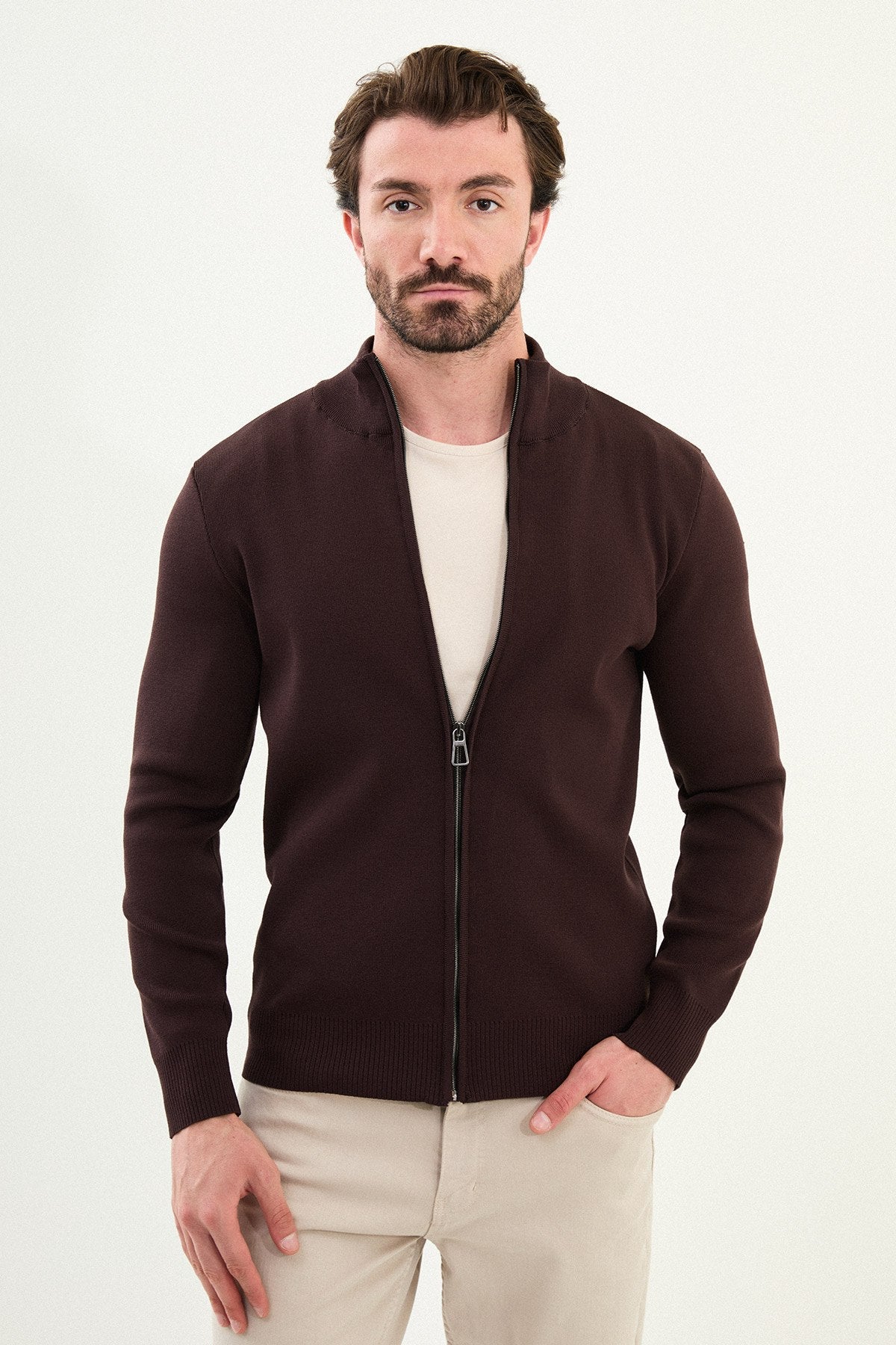 Men’s Brown Stand Collar Zip Knit Jacket - SUITHARBOR