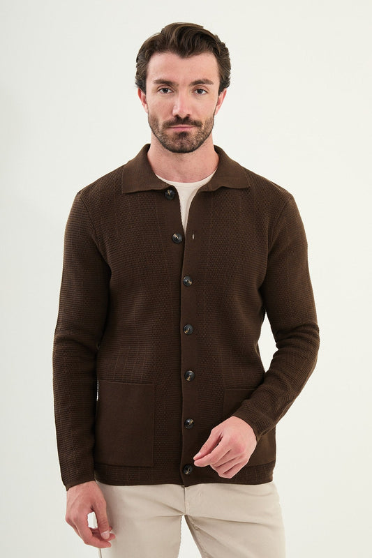 Men’s Brown Textured Button - Up Knit Cardigan - SUITHARBOR