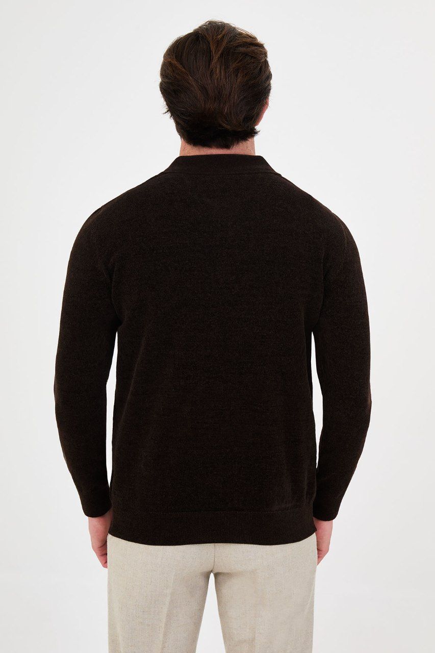 Back view of the men's brown textured quarter-zip polo sweater