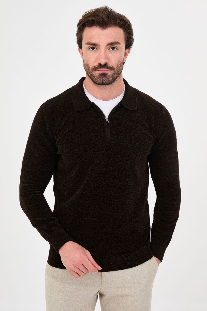 Front view of a man wearing a brown textured quarter-zip polo sweater