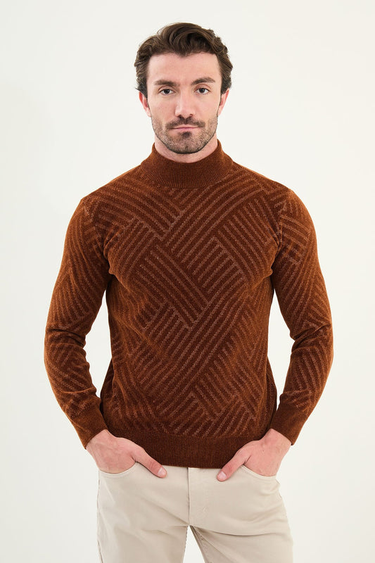 Men’s Brown Textured Slim Fit Mock Up Sweater - SUITHARBOR
